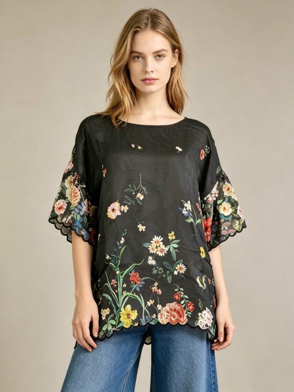 NWOT Johnny Was Silk Floral Short Sleeves Top Shirt Blouse Black Size S